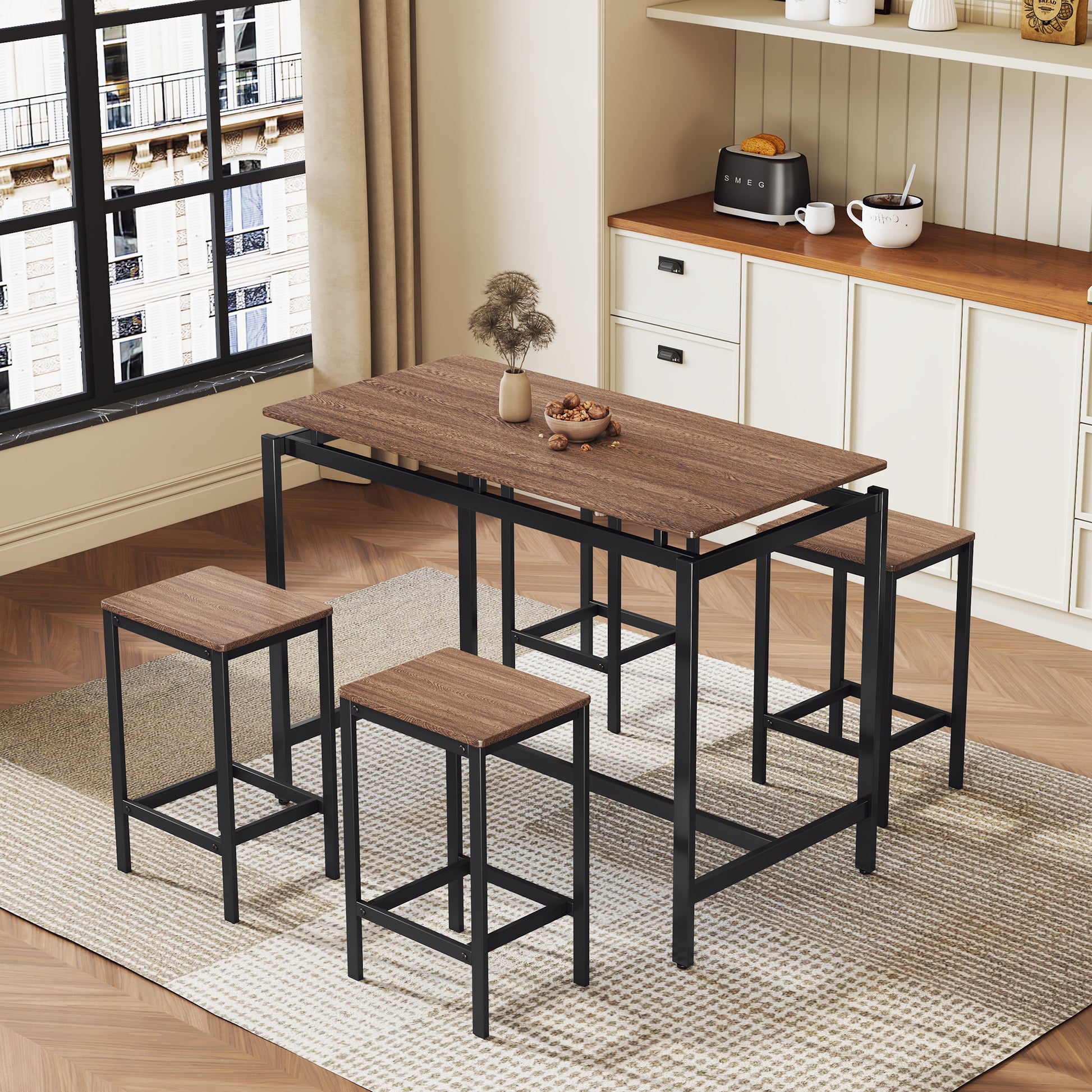 5 Piece Compact Bar Table Set With Table And Stools Modern Industrial Design, Space Saving Furniture For Dining Room And Breakfast Nook Dark Brown Dark Brown Mdf Steel