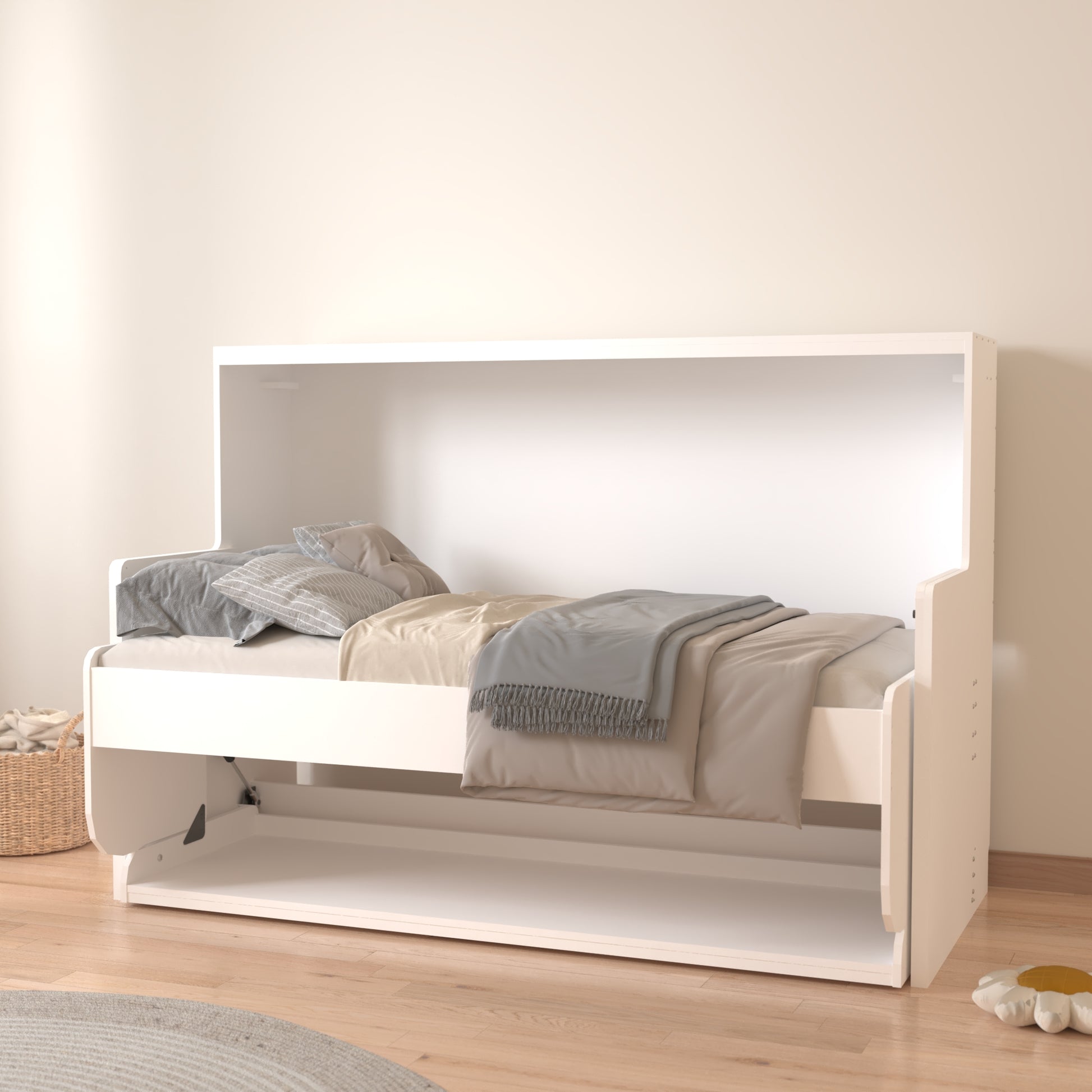 Murphy Bed With Desk, Ideal Bedroom Furniture For Small Spaces, Horizontal & Vertical Pull Out Beds And Space Saving Furniture, Foldable Beds Horizontal Single White Particle Board Mdf