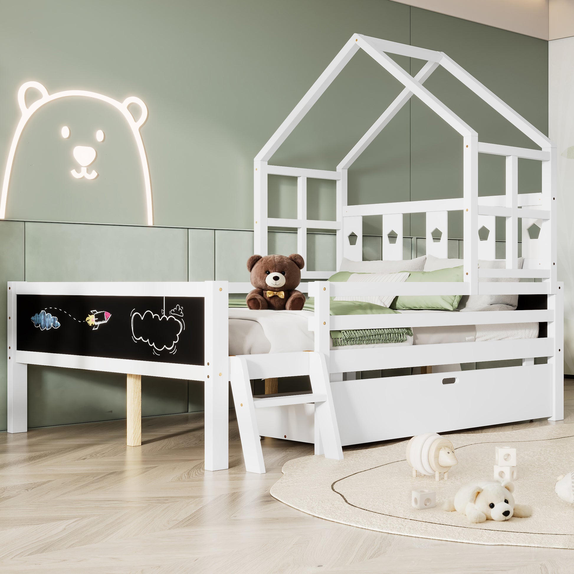 Full Size House Bed With Ladder And Storage Drawers For Kid Bedroom,Solid Wood Platfrom Bedframe With 2 Blackboard Design, No Box Spring Needed, White Full White Partice Board Mdf Pine Wood