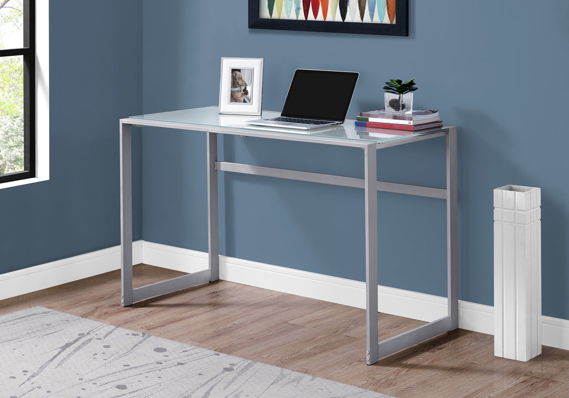 Computer Desk, Home Office, Laptop, 48"L, Work, Frosted White Tempered Glass, Grey Metal, Contemporary, Modern Silver Tempered Glass