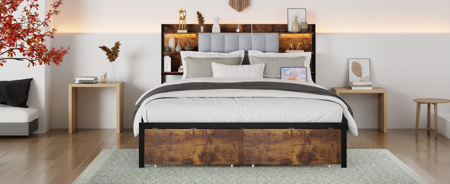 Queen Size Bed Frame With 2 Storage Drawers And Led Lights Headboard, Upholstered King Bed Frame With Charging Station, No Box Spring Needed, Easy Assembly Box Spring Not Required Queen Dark Brown