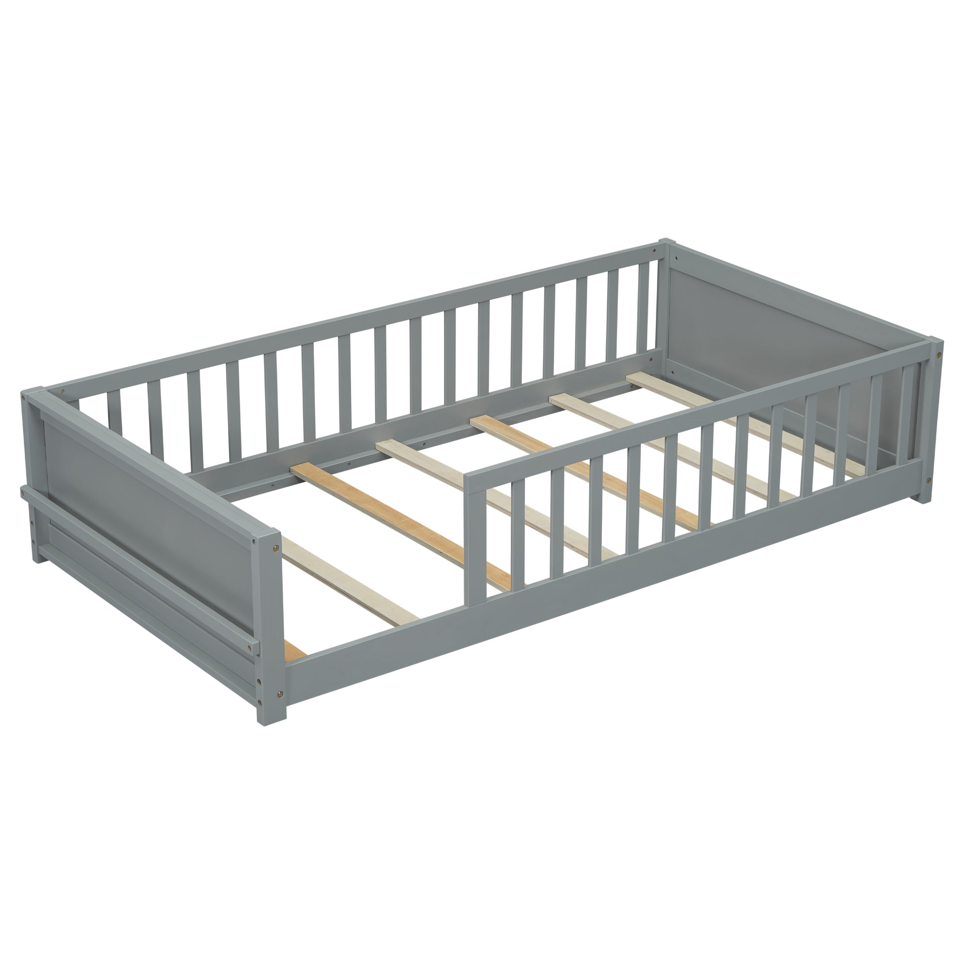 Twin Size Floor Platform Bed With Built In Book Storage Rack,Grey Twin Grey American Design Pine