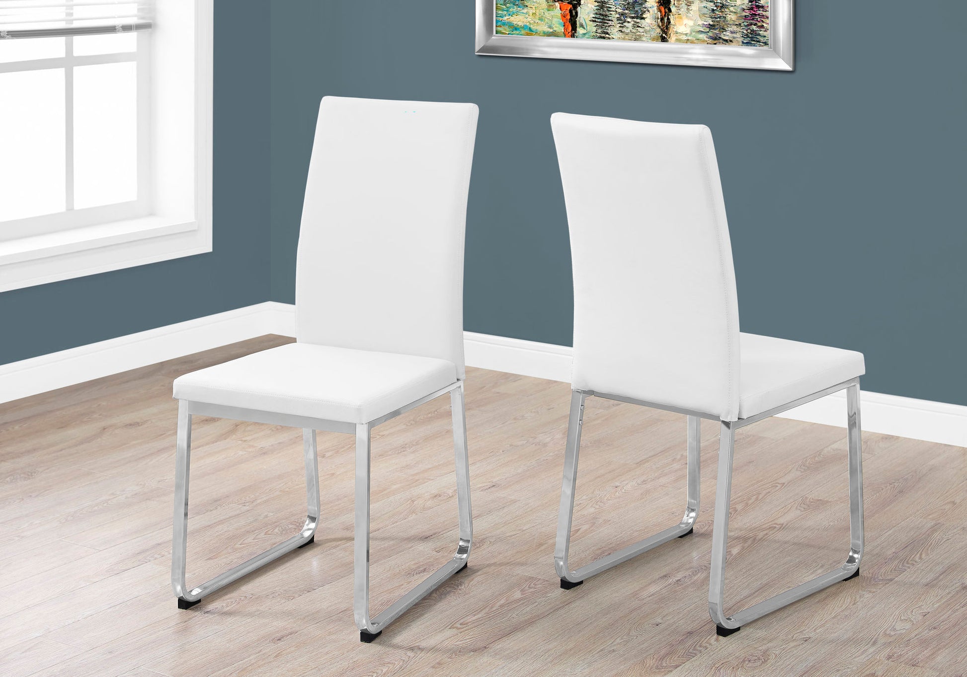 Dining Chair, Set Of 2, Side, Upholstered, Kitchen, Dining Room, White Leather Look, Chrome Metal, Contemporary, Modern White Foam Faux Leather