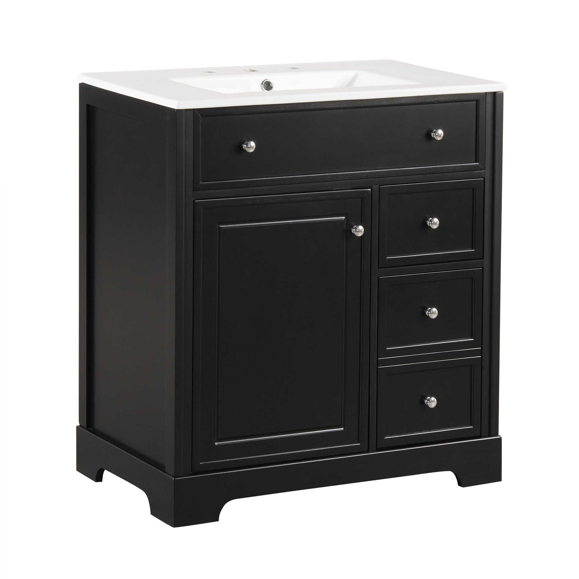 30" Bathroom Vanity With Sink Top, Bathroom Vanity Cabinet With Door And Two Drawers, Mdf Boards, Solid Wood, One Package, Black Black Solid Wood Mdf