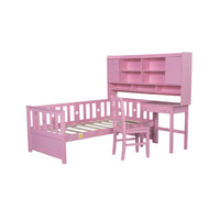 Twin Size Multifunctional Wood Platform Bed With Bookshelf At The Head Of The Bed, Built In Desk And Matching Chair, Pink Twin Pink Wood