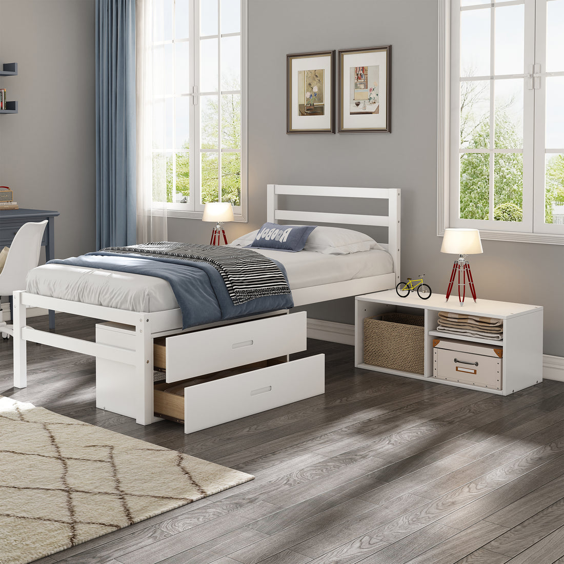 Twin Size Wood Platform Bed With Removable Storage Shelves, Built In Two Storage Drawers For Added Convenience, White Twin White Wood