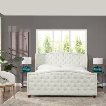 Marcella Upholstered Shelter Headboard Bed Set, King, Antique White Polyester Box Spring Required King Antique White Wood Foam Polyester Polyester