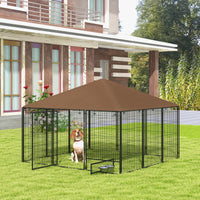 Pawhut Outside Dog Kennel, 6.9' X 6.9' X 5' Puppy Play Pen With Canopy, Garden Playpen Fence Crate Enclosure Cage Rotating Bowl, Coffee Coffee Metal