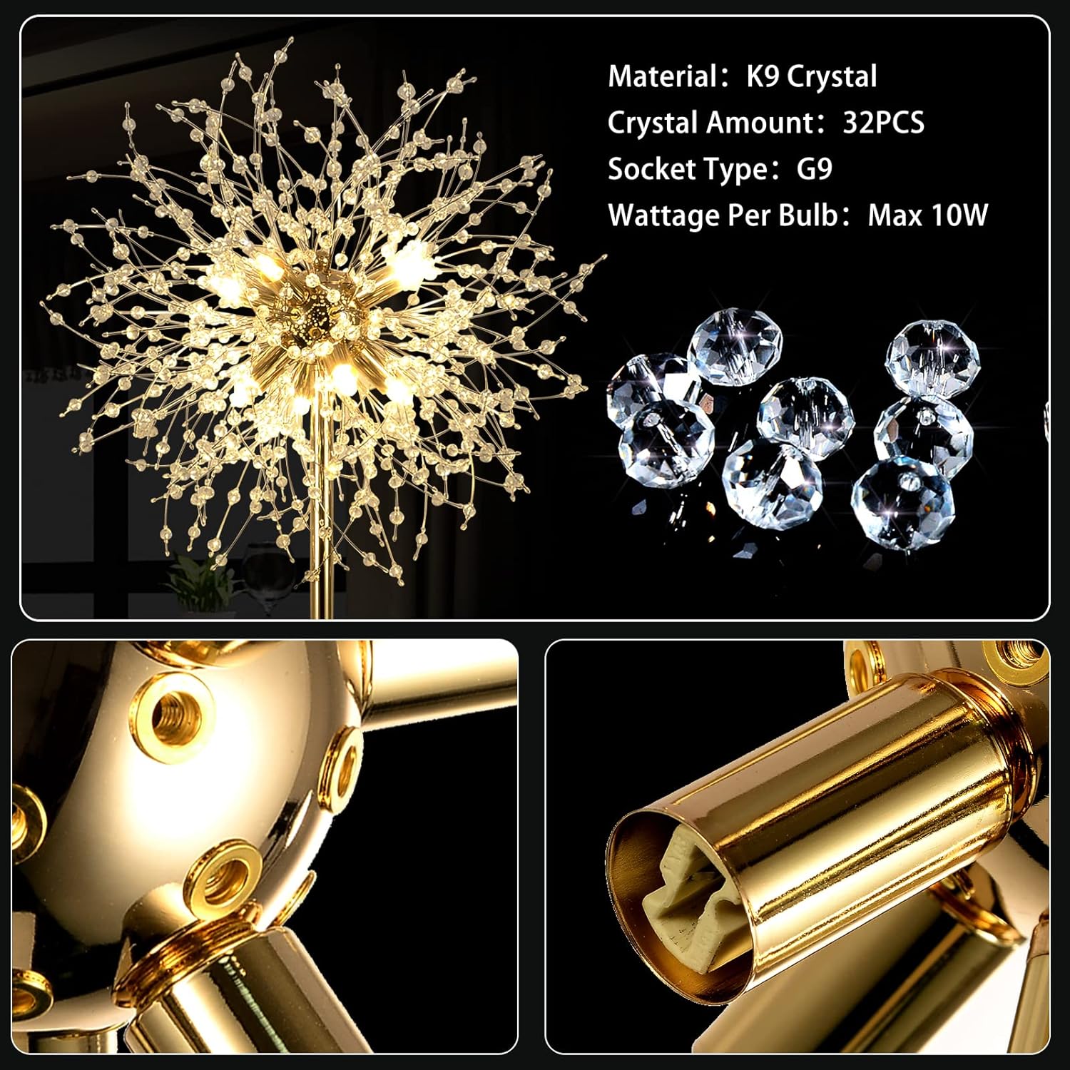 69 Inch Crystal Floor Lamp, Modern Standing Lamp With K9 Crystal, Led Floor Lamp With On Off Foot Switch, Metal Tall Pole Lamp For Living Room, Girls Room, Bedroom, Dresser, Office, Gold Finish
