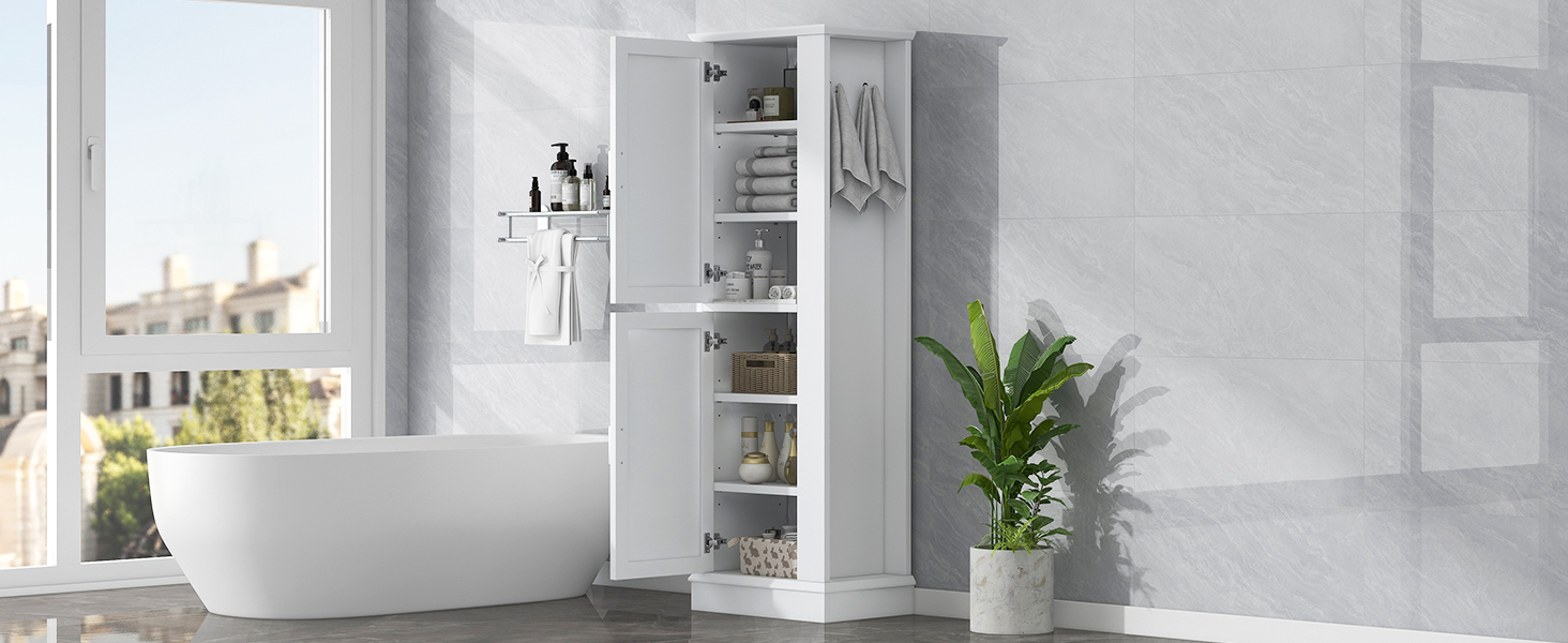 Tall Bathroom Storage Cabinet, Freestanding Storage Cabinet With Hook And Adjustable Shelf, Mdf Board, White White 2 Mdf