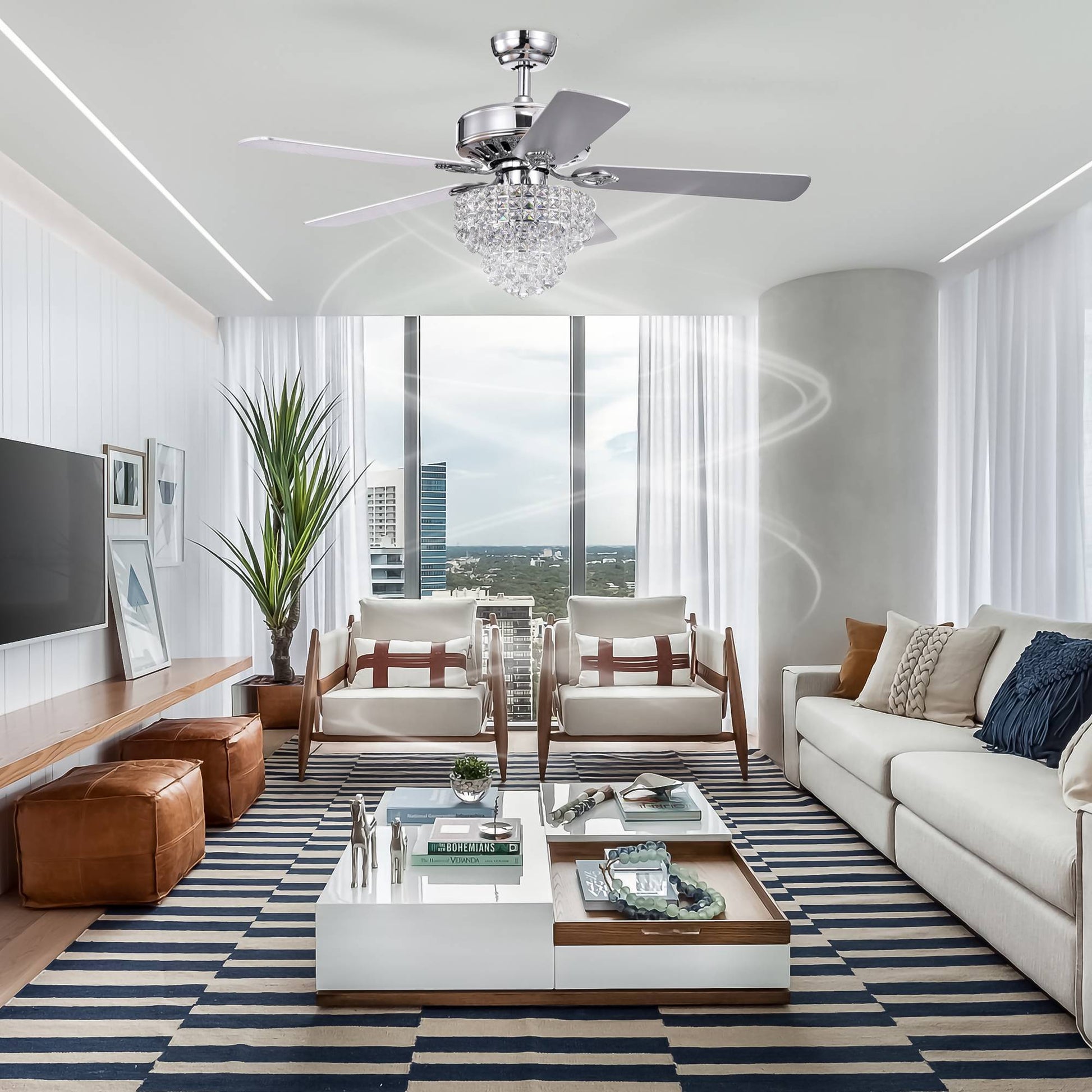 52 Inch Crystal Ceiling Fan Lamp With Remote Control 3 Speed High, Mid, Low , 5 Reversible Blades For Living Room, Dining Room, Bedroom, Family Room, Chrome ,3Pcs*E12 No Include Bulb Chrome American Traditional,Antique,Classic,Contemporary Plywood Metal