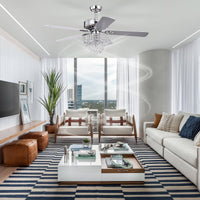 52 Inch Crystal Ceiling Fan Lamp With Remote Control 3 Speed High, Mid, Low , 5 Reversible Blades For Living Room, Dining Room, Bedroom, Family Room, Chrome ,3Pcs*E12 No Include Bulb Chrome American Traditional,Antique,Classic,Contemporary Plywood Metal