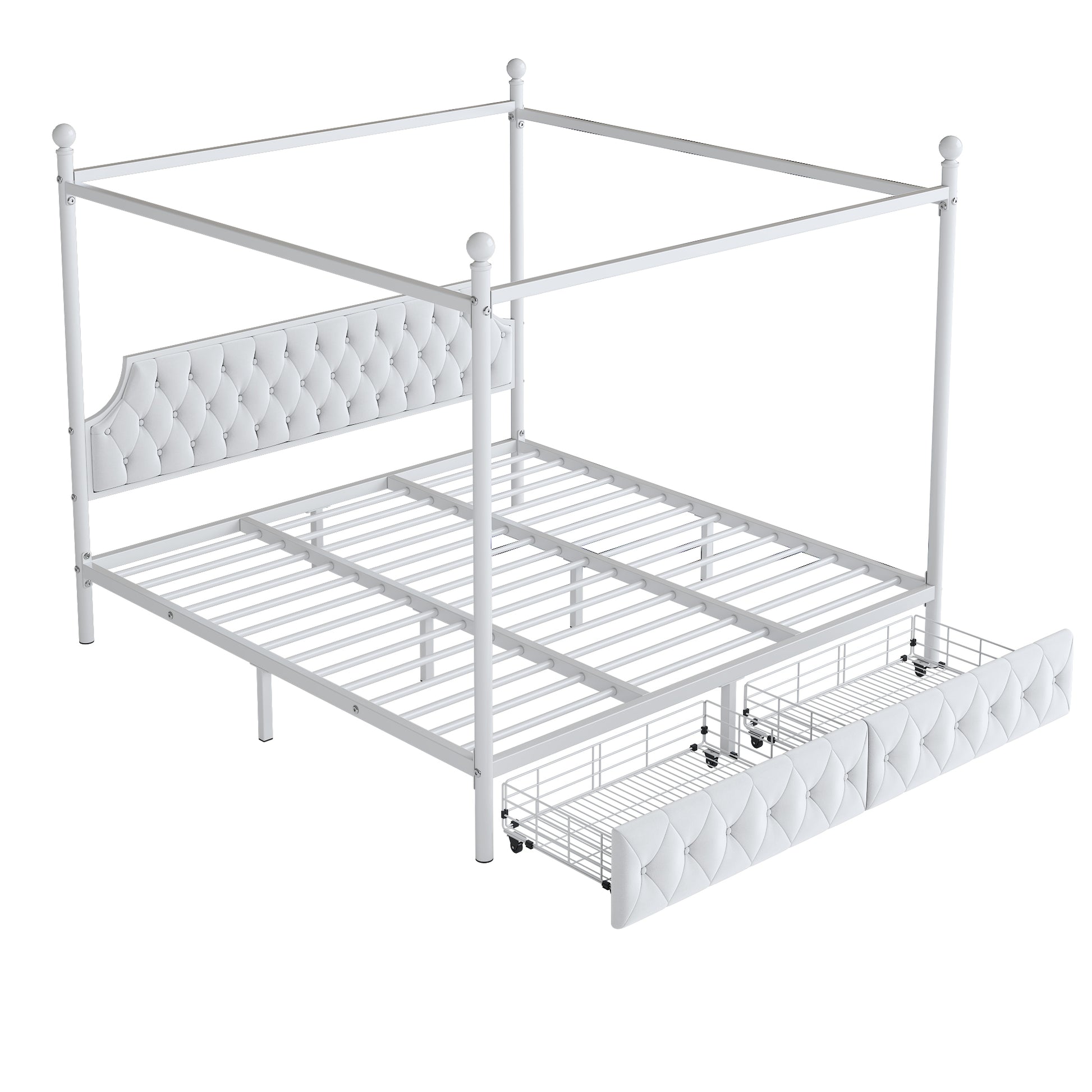 King Size Metal Canopy Platform Bed With Upholstered Headboard And Two Storage Drawers, White King White Metal