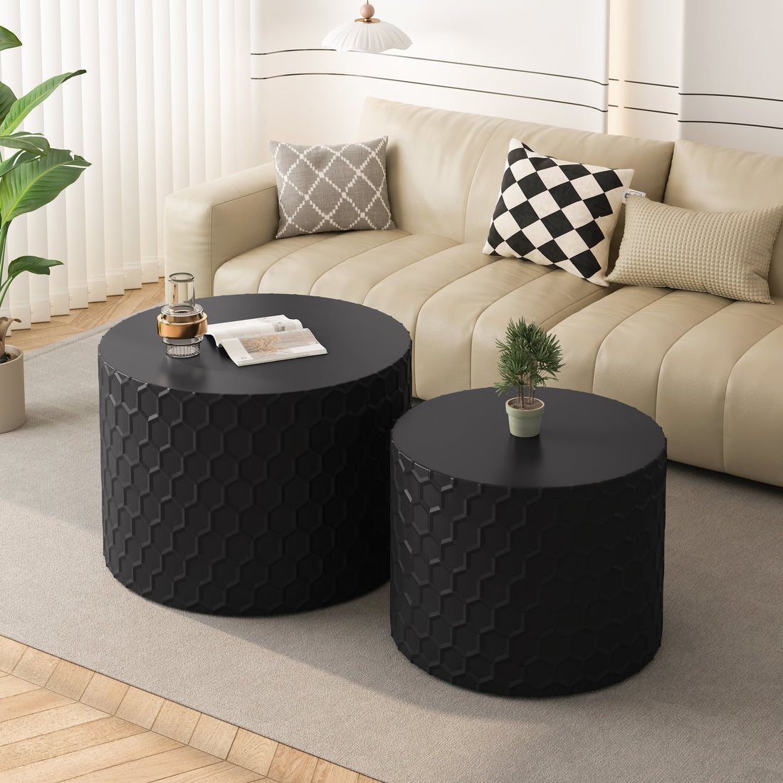 Stylish And Minimalist Nesting Coffee Table Set With Honeycomb Design, Modern Round Coffee Table, Drum Circle Coffee Table For Living Room, Bedroom, Black Set Of 2 Pieces Black Mdf