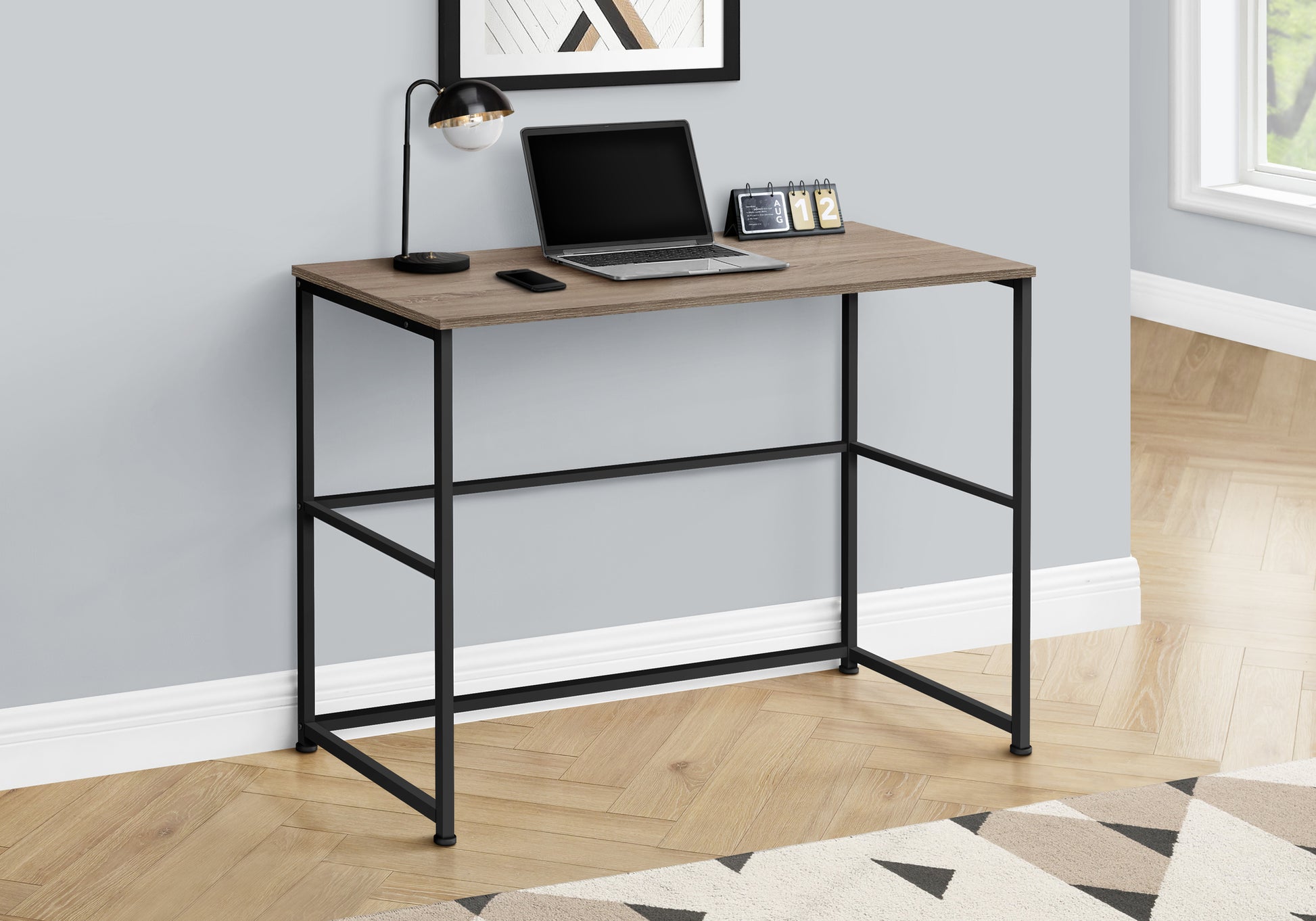 Computer Desk, Home Office, Laptop, Left, Right Set Up, Storage Drawers, 40"L, Work, Brown Laminate, Black Metal, Contemporary, Modern Taupe Particle Board