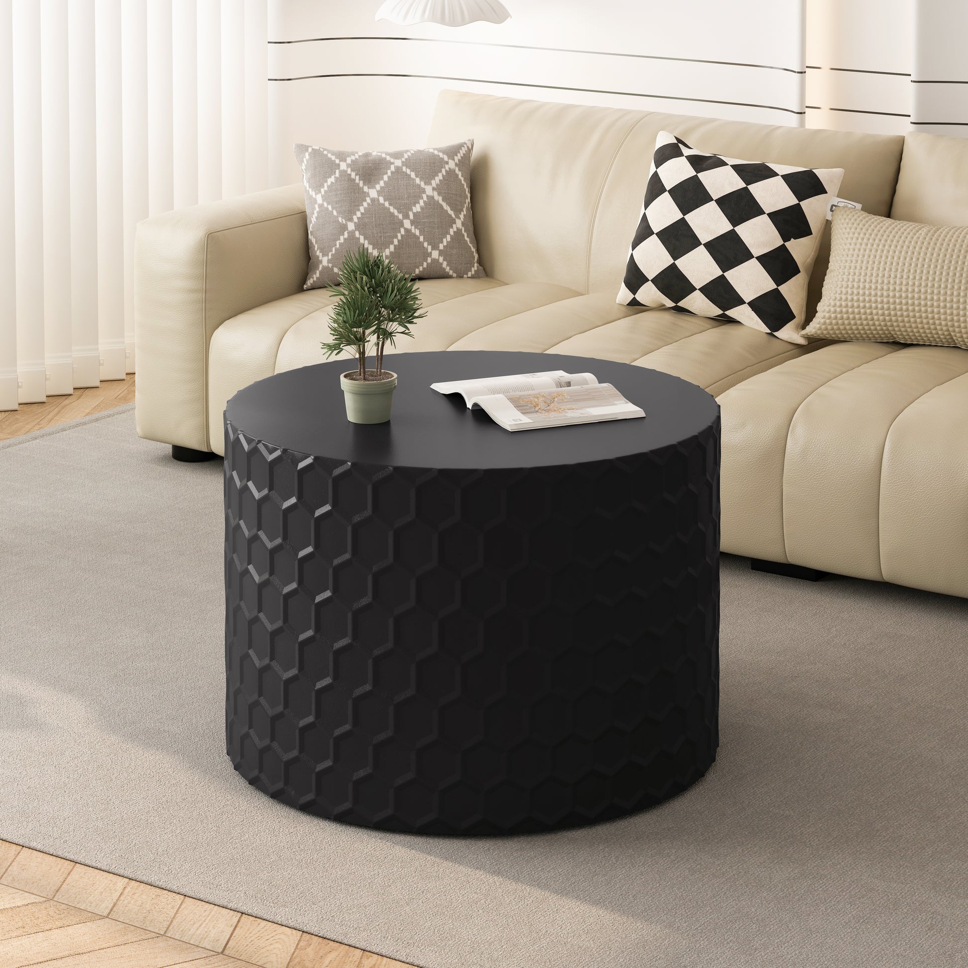 Stylish And Minimalist Nesting Coffee Table Set With Honeycomb Design, Modern Round Coffee Table, Drum Circle Coffee Table For Living Room, Bedroom, Black Set Of 2 Pieces Black Mdf