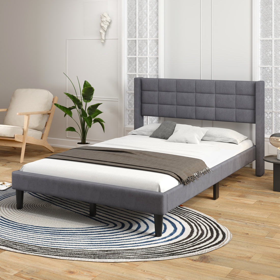 Queen Size Upholstered Platform Bed With Support Legs, Gray Box Spring Not Required Queen Gray Wood Bedroom Bed Frame Polyester Upholstered