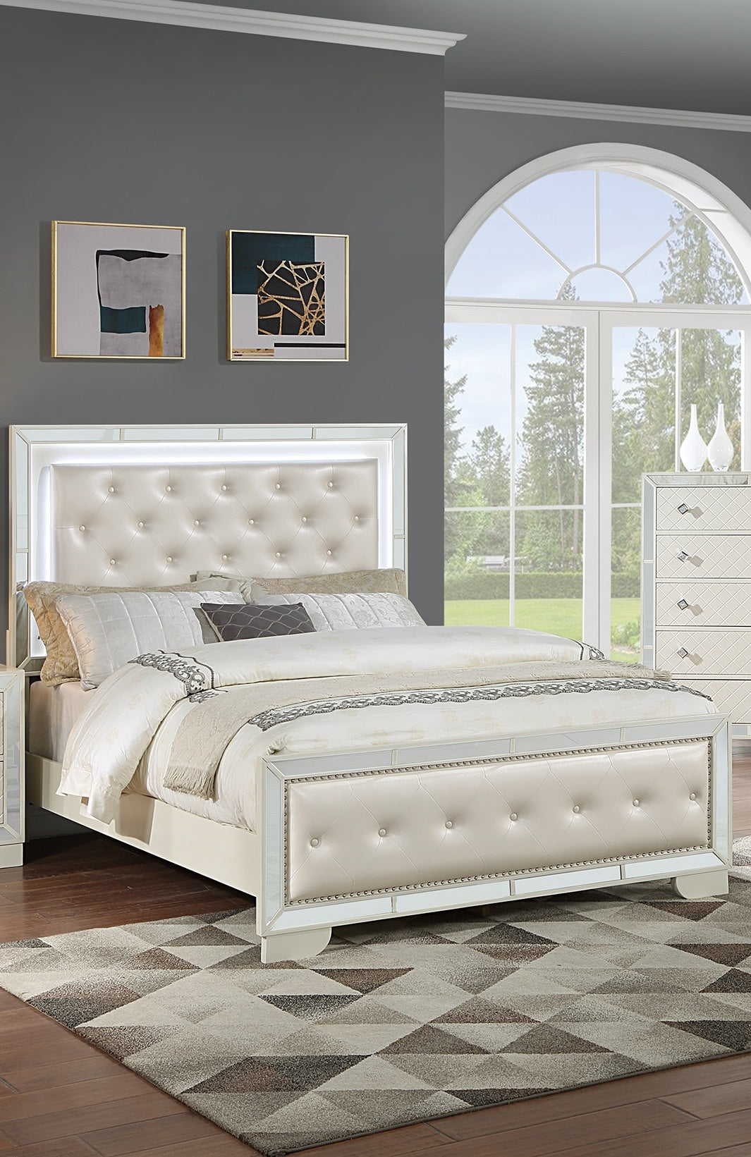 Cream Ivory Tufted Faux Leather Queen Size Bed W Led Lights Beautiful 1Pc Panel Bedframe Mirror Trim Box Spring Required Queen Cream,Ivory Wood Bedroom American