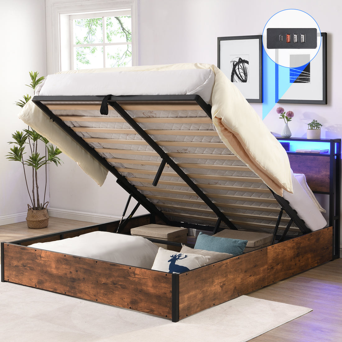 Lift Up Storage Bed Frame, Queen Size Bed Frame With Bookcase Headboard & Led Lights, Wooden Platform Bed Frame With Charging Station, No Spring Box Needed, Rustic Brown Box Spring Not Required