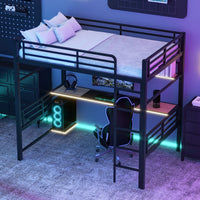 Full Size Metal Loft Bed Frame With Storage Shelf And Led Light,Iron Mesh,Black Expected Arrival Time:10.10 Black Metal