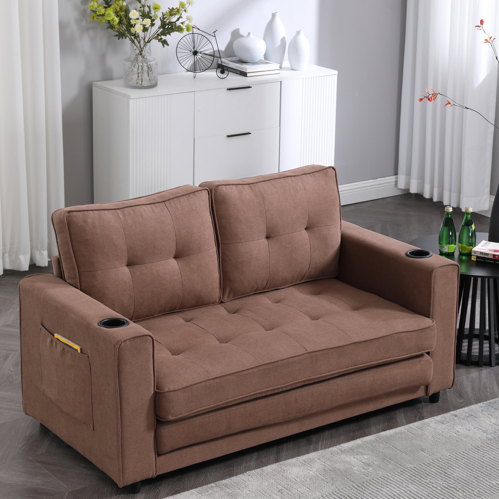 3 In 1 Upholstered Futon Sofa Convertible Floor Sofa Bed,Foldable Tufted Loveseat With Pull Out Sleeper Couch Bed,Folding Mattres Beautiful Seat Daybed W Side Pockets For Living Room, Brown Brown Foam Fabric 2 Seat