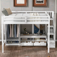 Full Size Loft Bed Frame With Wardrobe,Low Storage Table And Storage Staircase,White Gray Expected Arrival Time:10.20 White Solid Wood Mdf