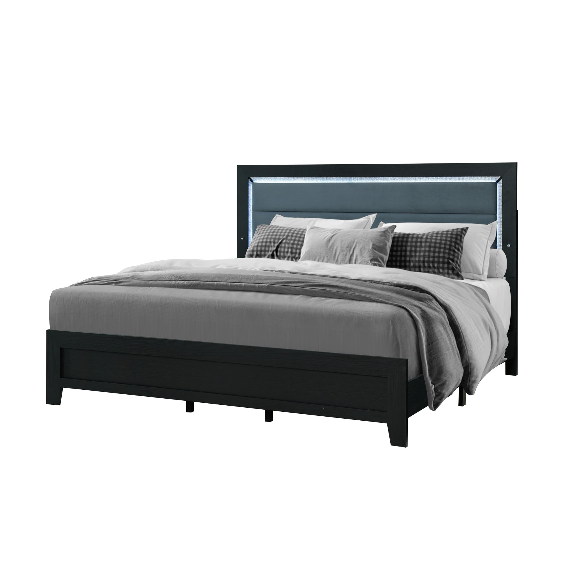 Carlos Black Queen Bed With Led Black Solid Wood Mdf