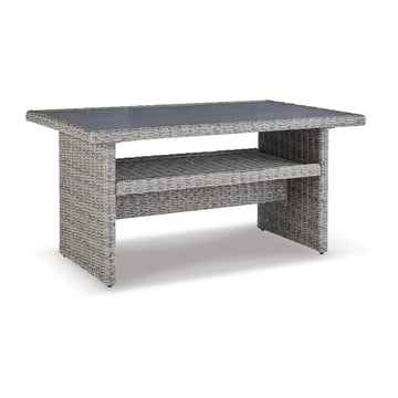 Dune 59 Inch Outdoor Table, Smooth Gray Resin Wicker, Open Bottom Shelf Gray Aluminium