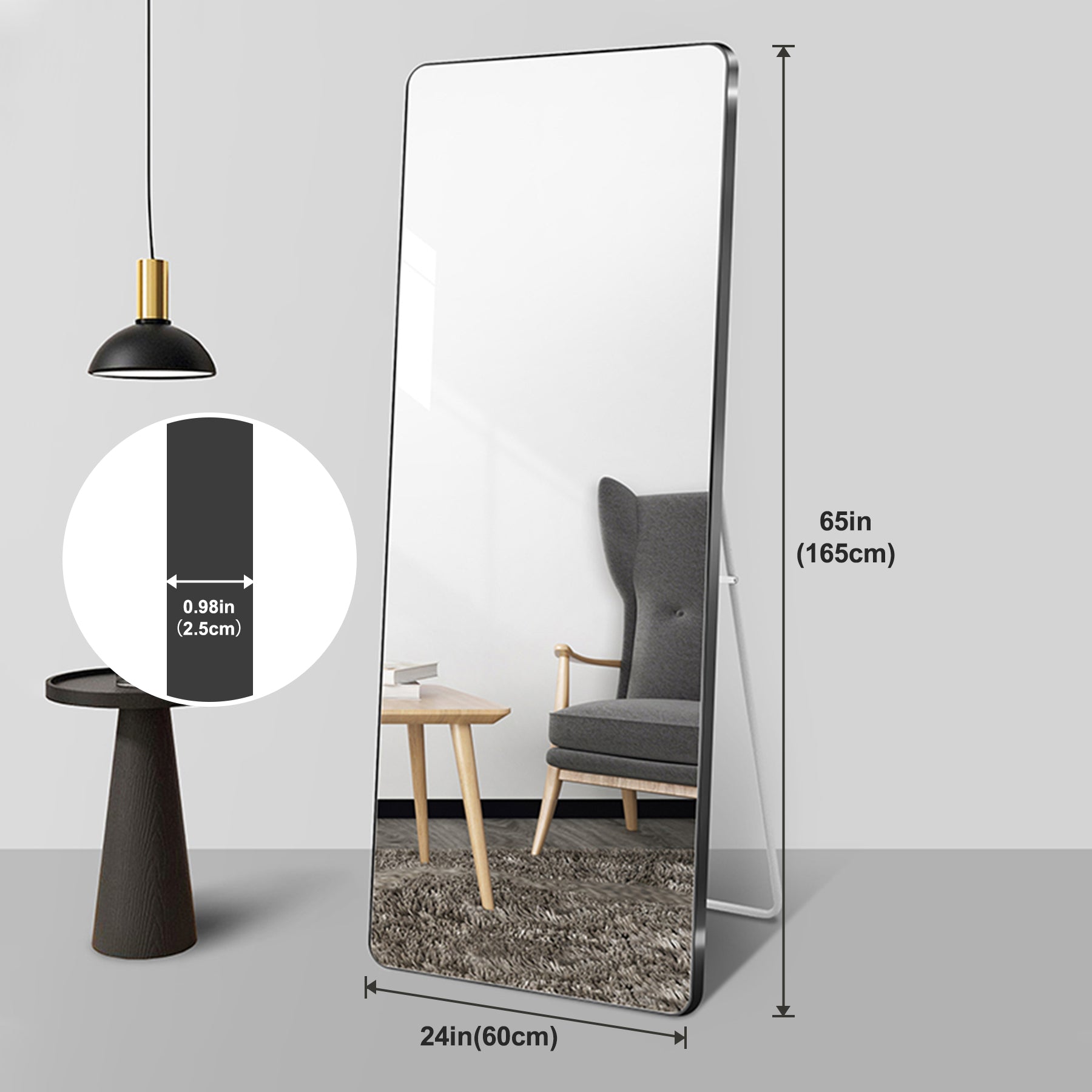 Aluminum Floor Mirror Full Length Mirrors Leaning Rounded Corner Rimless Standing Large Mirror Bedroom,Shop,Office,Hotel 5Mm Silver Mirror Black Glass