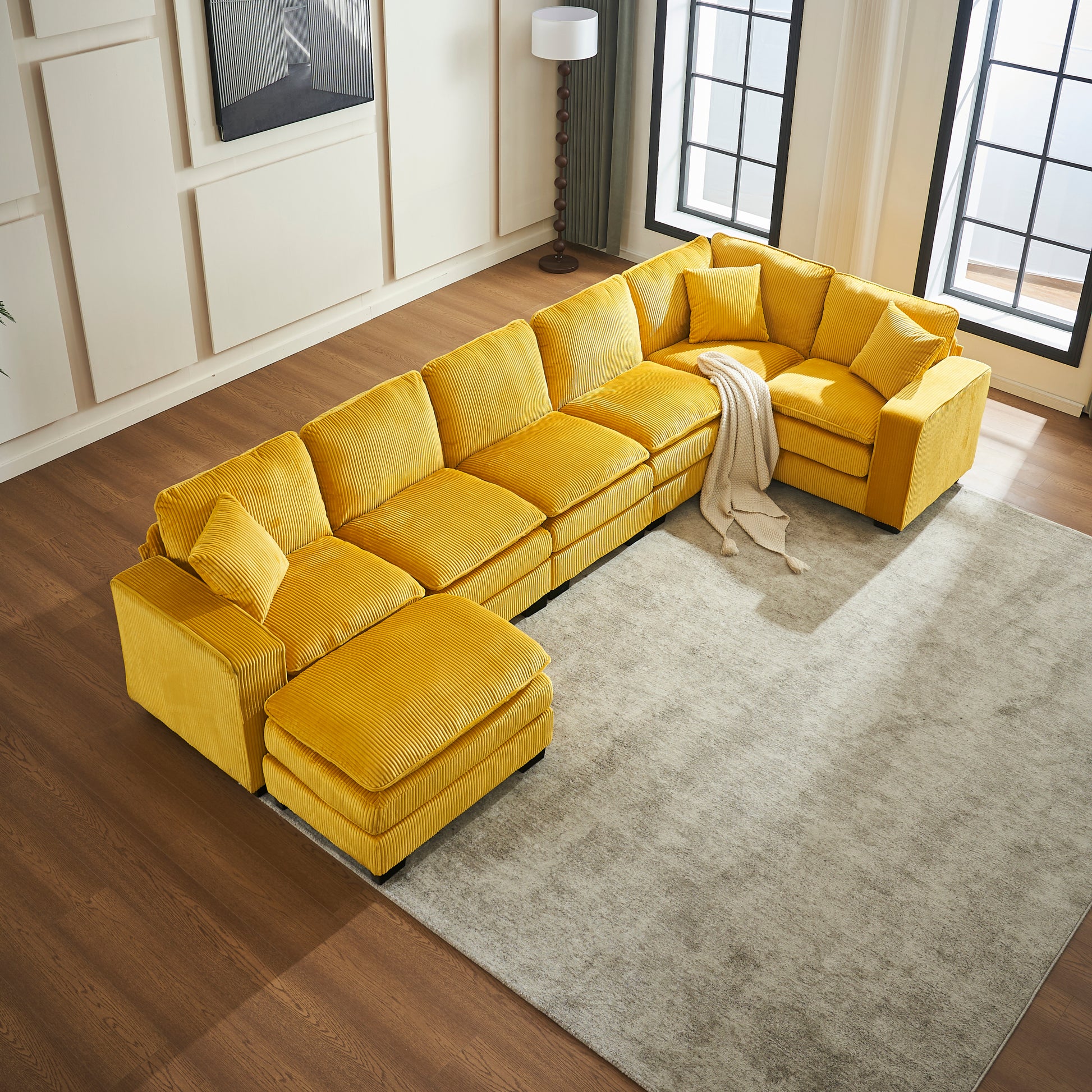 Modern U Shaped 6 Seat Sectional Sofa Couch With One Ottoman And Three Toss Pillows ,Modular Sofa For Living Room,Corduroy Sofa Yellow Corduroy 7 Seat