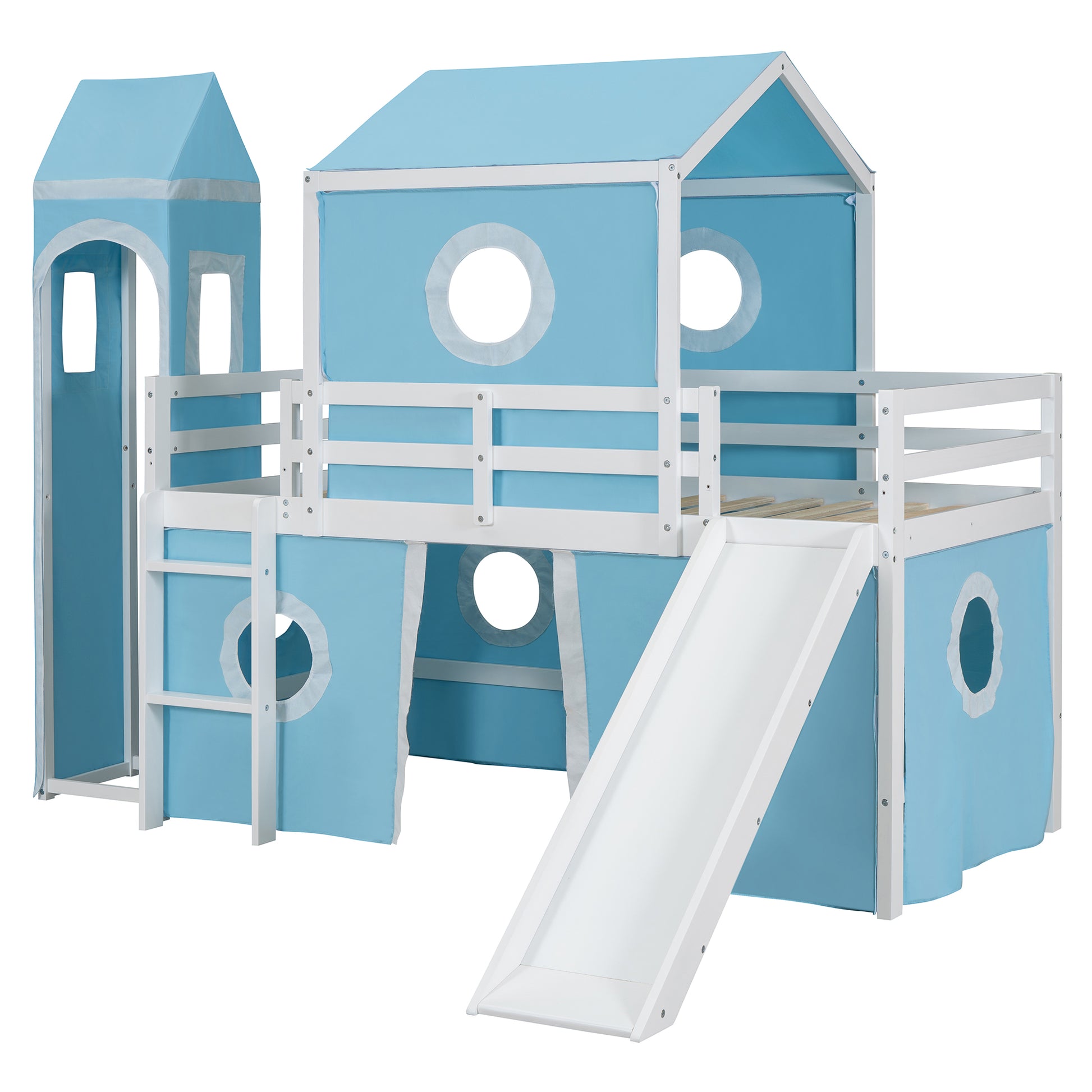 Twin Size Loft Bed With Slide Pink Tent And Tower Blue Old Sku:Wf298769Aac Twin Blue Solid Wood