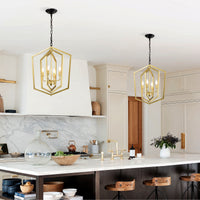 4 Light Farmhouse Kitchen Chandeliers, Vintage Cage Light Fixture Adjustable Height Chandeliers For Dining Room Hallway Foyer Entryway E12 Bulbs Not Included Gold Matte Black Gold Matte Black