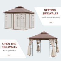 Outsunny 10' X 10' Metal Patio Gazebo, Double Roof Outdoor Gazebo Canopy Shelter With Tree Motifs Corner Frame And Netting, For Garden, Lawn, Backyard, And Deck, Brown Brown Polyester