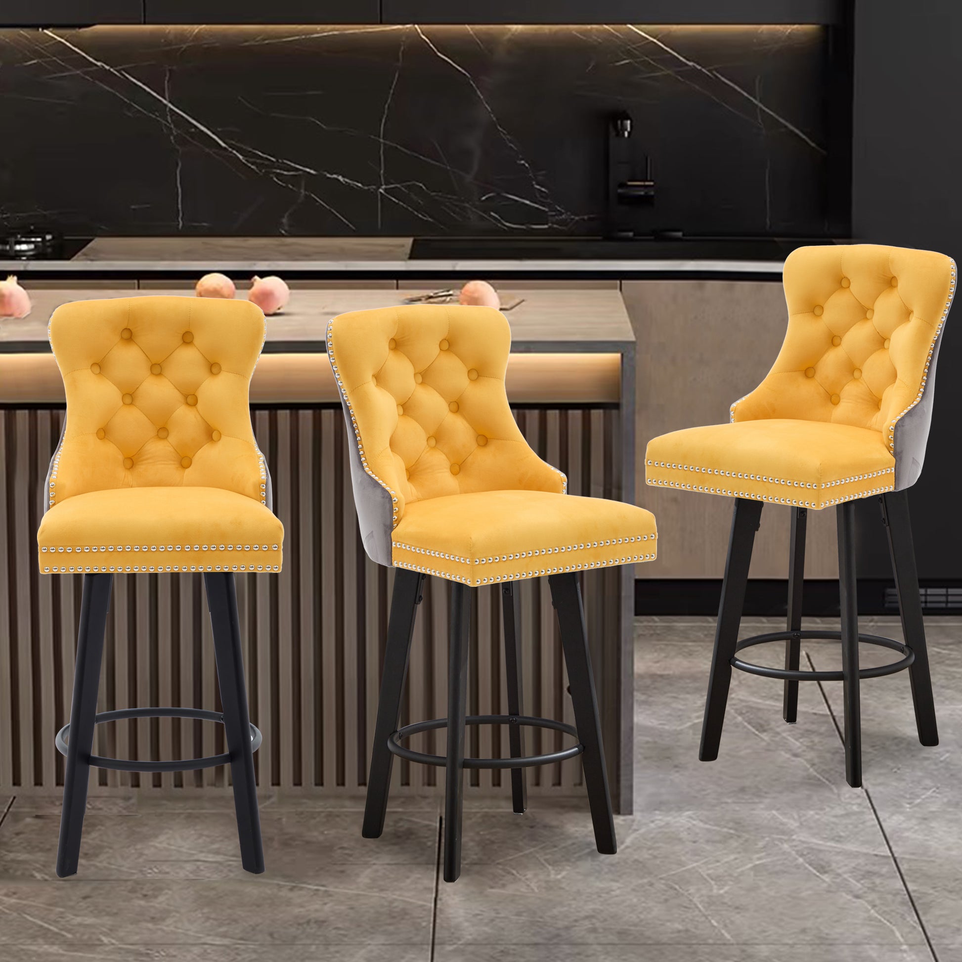 Modern Swivel Bar Stools Velvet Barstools Button Tufted Bar Stools Rivet Trim Bar Stools For Kitchen Island,Bistro, With Metal Pull Ring Sturdy Footrest Large Backrest For Home Bar 3 Dark