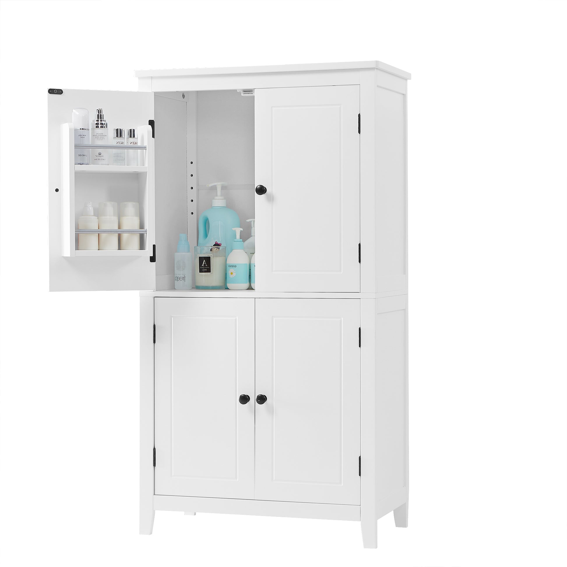 Elegant Bathroom Floor Storage Cabinet, Bathroom Storage Unit, Freestanding Cabinet With 4 Doors, Adjustable Shelves, Adaptable Shelves, White White Mdf