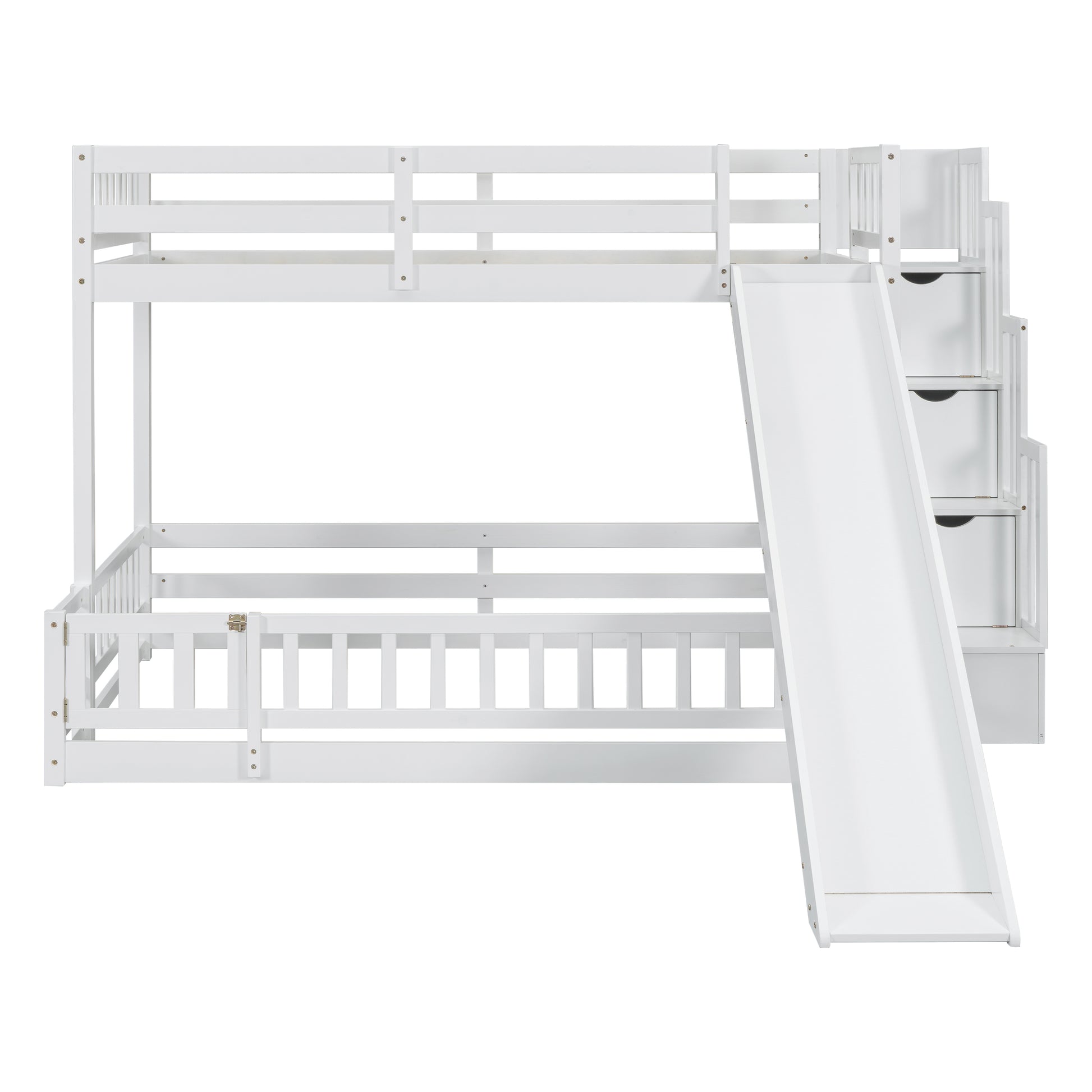 Twin Over Full Bunk Bed With Slide, Storage Staircase, Pine Solid Wooden Bunk Bed With Safety Guardrails,White White Pine