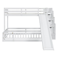 Twin Over Full Bunk Bed With Slide, Storage Staircase, Pine Solid Wooden Bunk Bed With Safety Guardrails,White White Pine