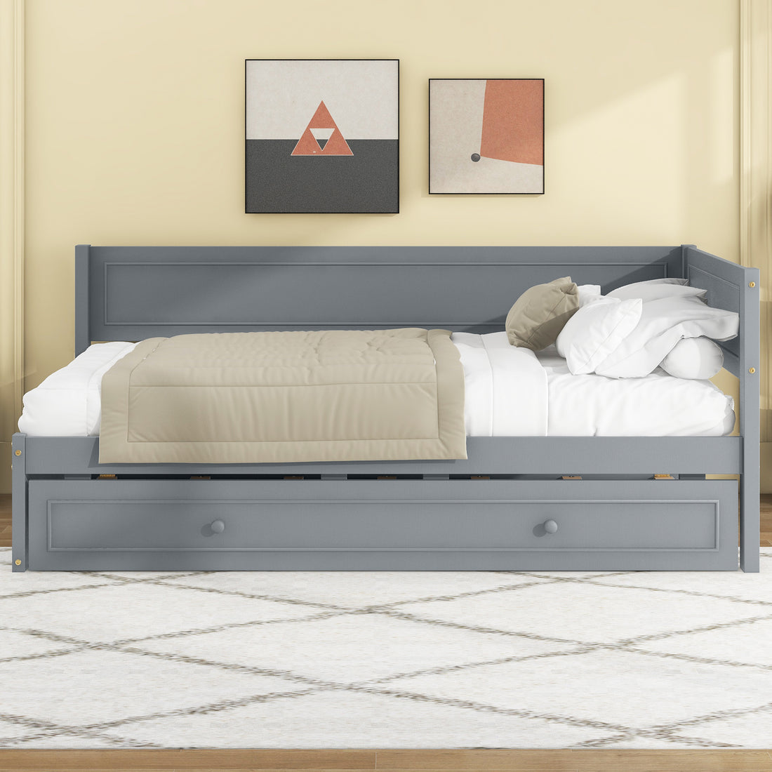 Twin Size Wood Daybed With Trundle And Guardrail, Gray Box Spring Not Required Gray Wood Solid Wood Mdf