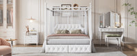 Queen Size Metal Canopy Platform Bed With Upholstered Headboard And Two Storage Drawers, White Queen White Metal