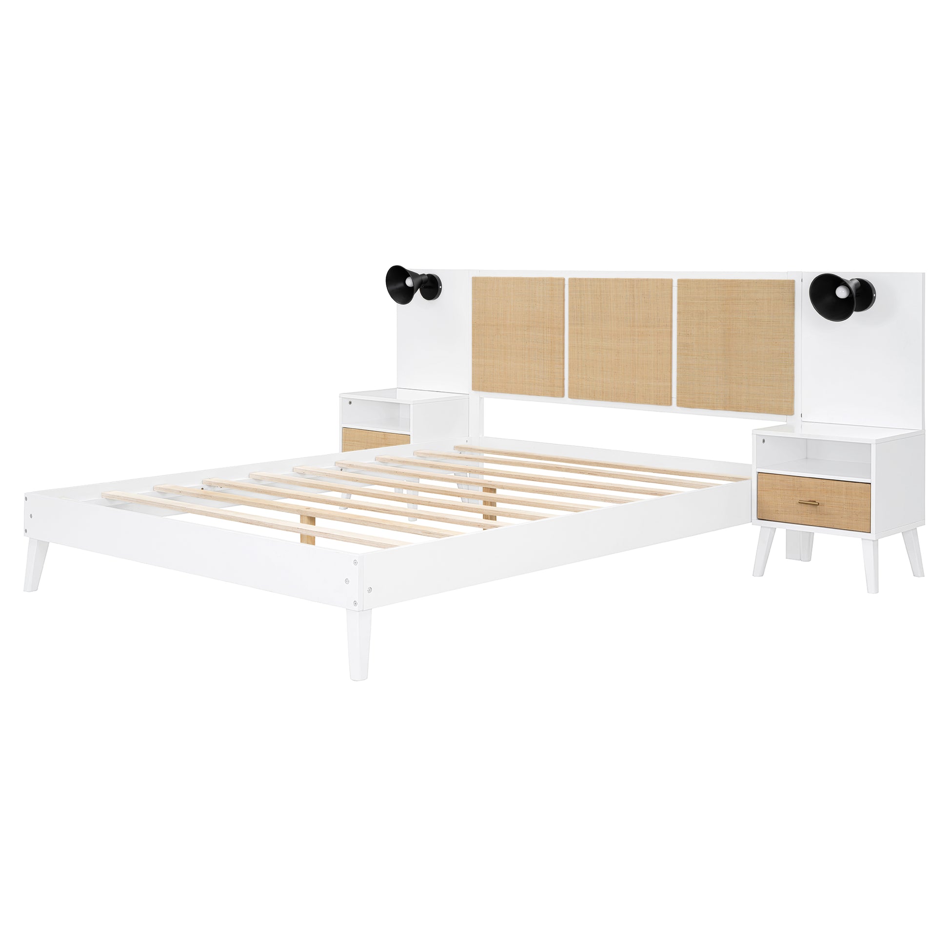 Queen Size Solid Wood Bed Frame With 2 Nightstands, Elegant Design With Lamps, Rattan And Wood Combination,White Queen White Wood