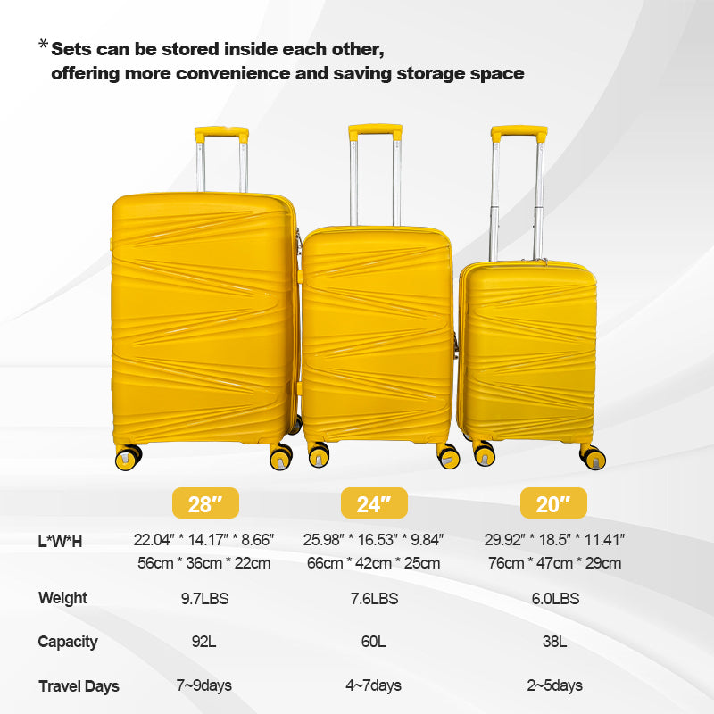 Hard Shell Luggage, 3 Piece Set, With Tsa Lock, 20 Inches 24 Inches 28 Inches Antique Yellow Polypropylene