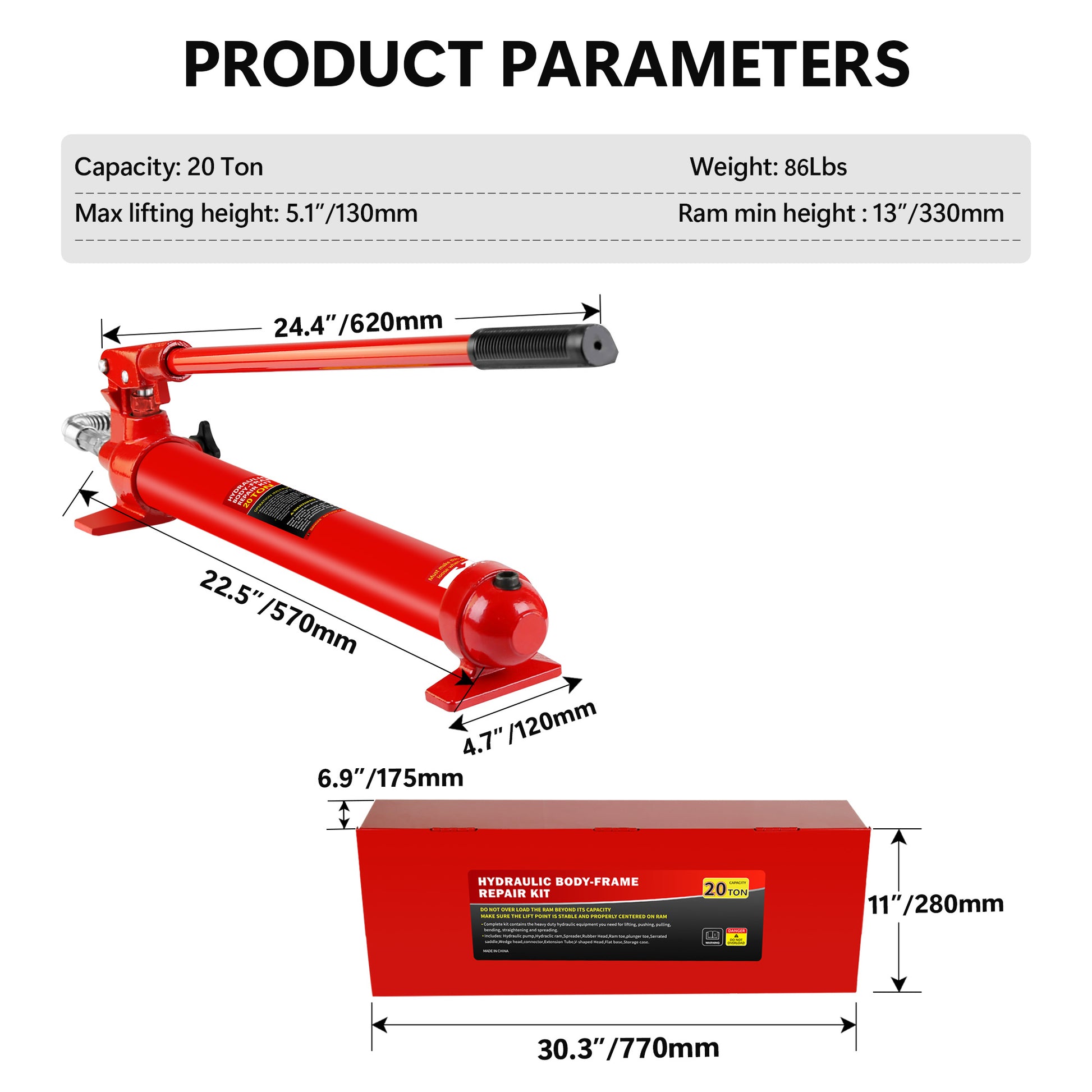 20 Ton Porta Power Kit, Portable Hydraulic Jack With1.43 M Oil Hose, Car Frame Repair Tool With Storage Case For Automotive Red Steel