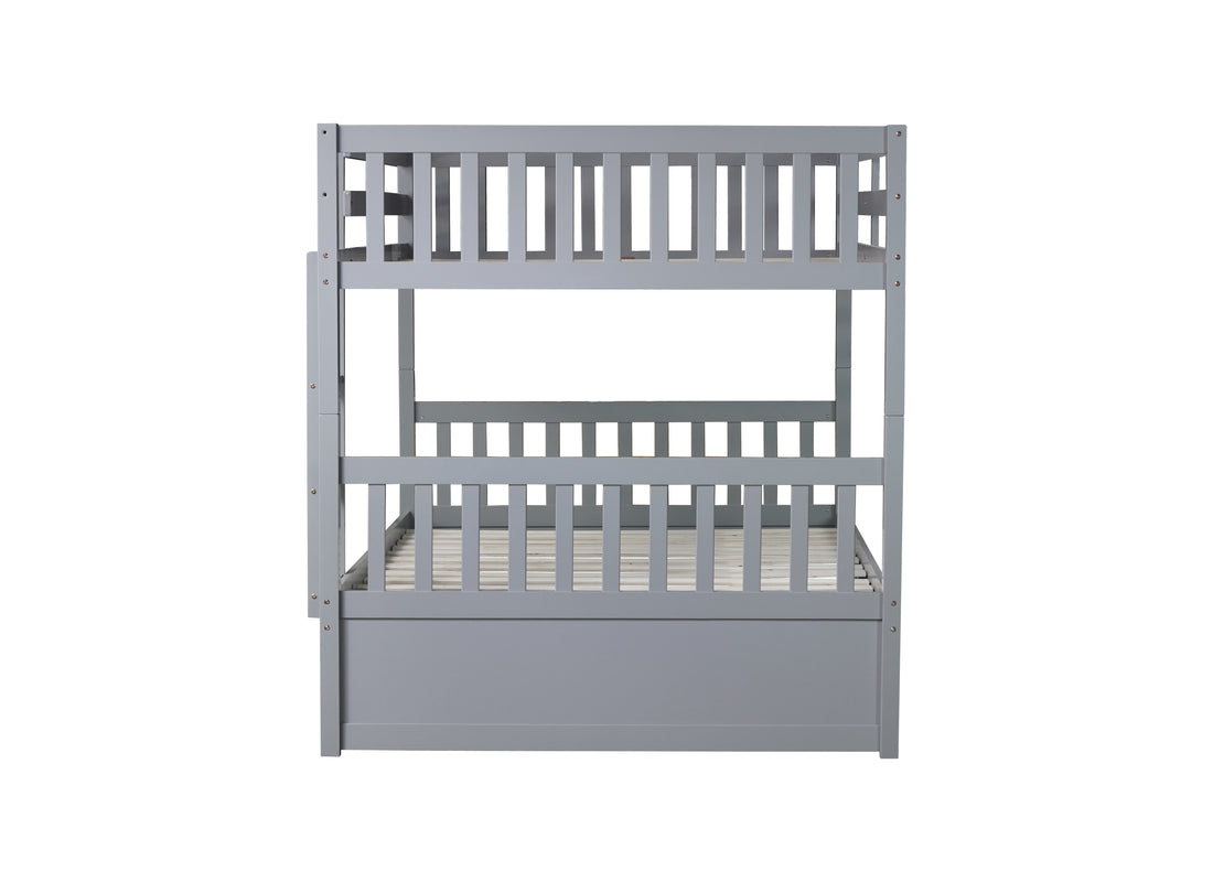 Full Over Full Rubber Wood Bunk Bed With Trundle, Ladder And Guardrails, Convertible To 2 Full Size Beds, With Twin Size Trundle ,Grey Full Grey Bedroom American Design Bed Frame Rubber Wood