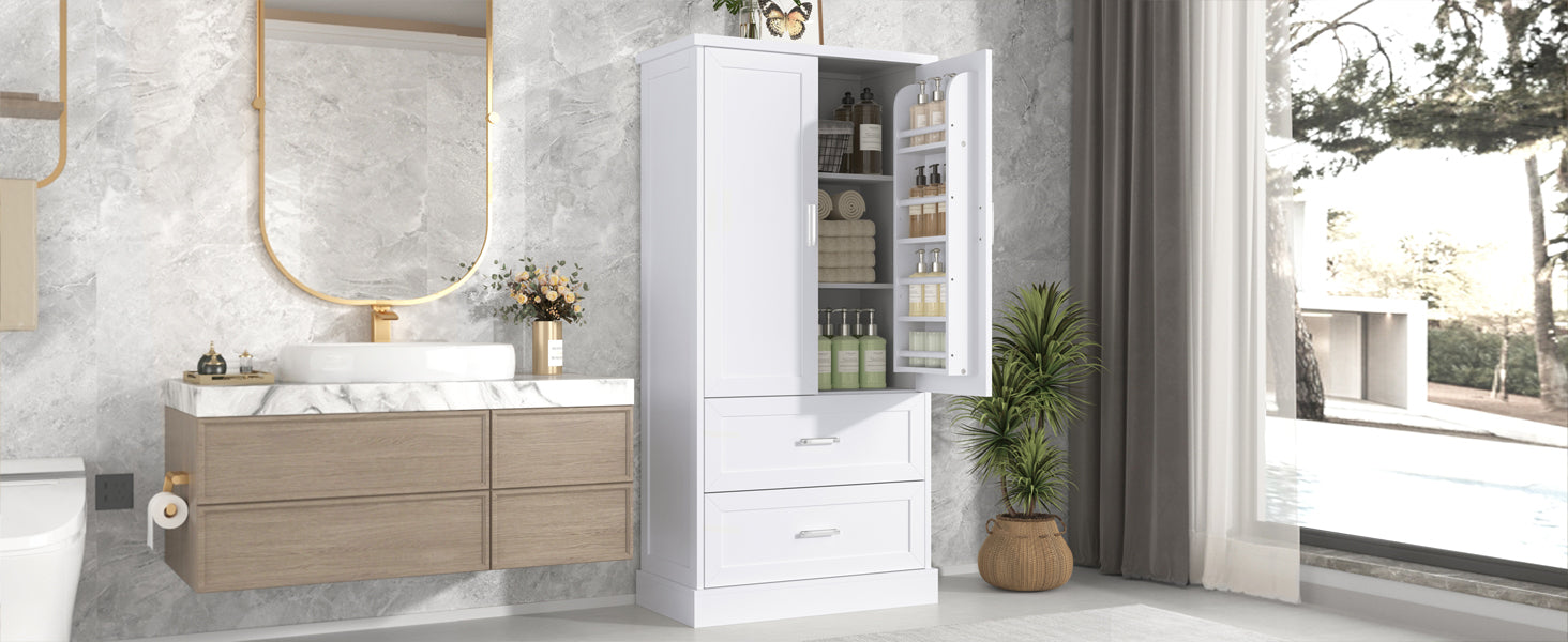 Tall Bathroom Storage Cabinet, Cabinet With Two Doors And Drawers, Adjustable Shelf, Mdf Board, White White Mdf