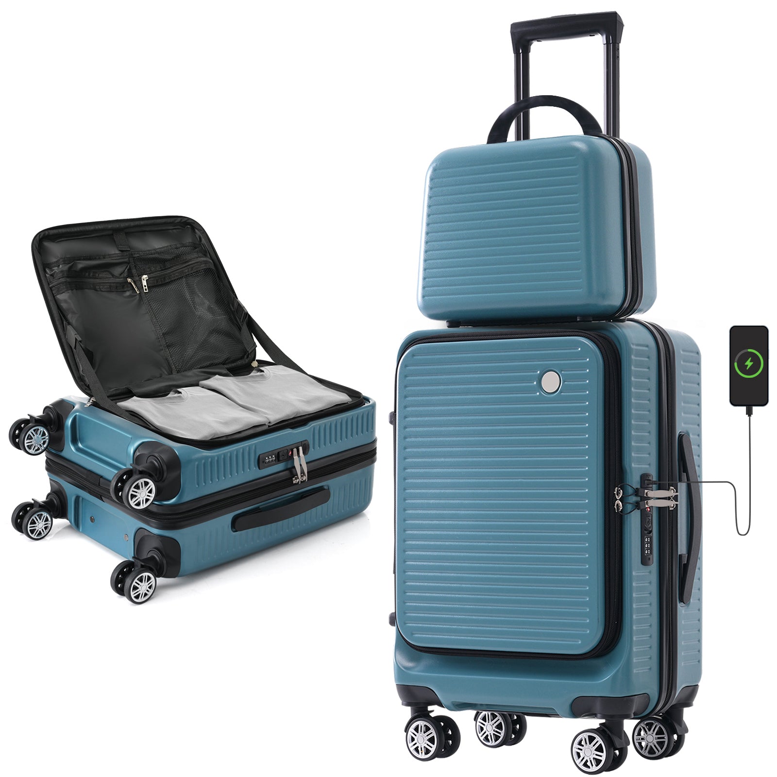 Carry On Luggage 20 Inch Front Open Luggage Lightweight Suitcase With Front Pocket And Usb Port, 1 Portable Carrying Case Blue Abs