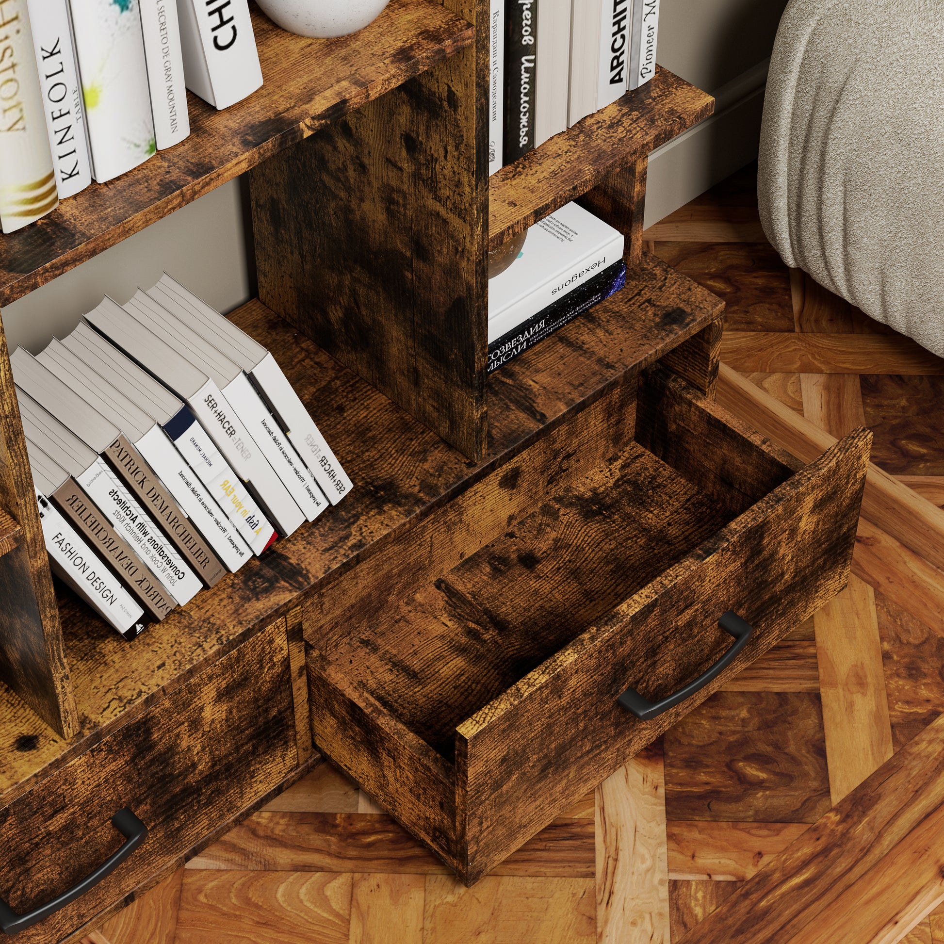 Bookshelf With 2 Drawers, Industrial Freestanding Open Display Shelving, Vintage Open Bookcase, 12 Storage Shelves, Book Case For Bedroom, Living Room, Home Office, Rustic Brown Deep Rustic Brown Metal