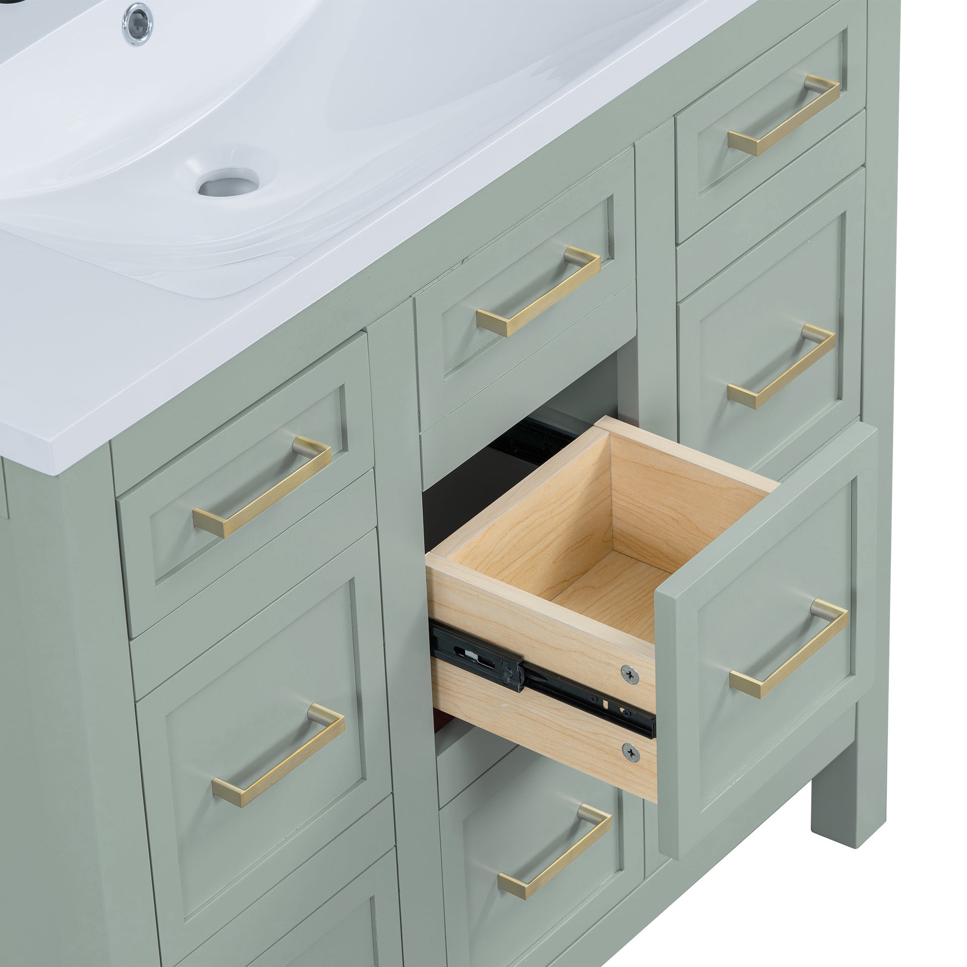 36" Bathroom Vanity Cabinet With Resin Integrated Sink 4 Drawers, 2 Doors Green Bathroom Solid Wood Mdf Resin