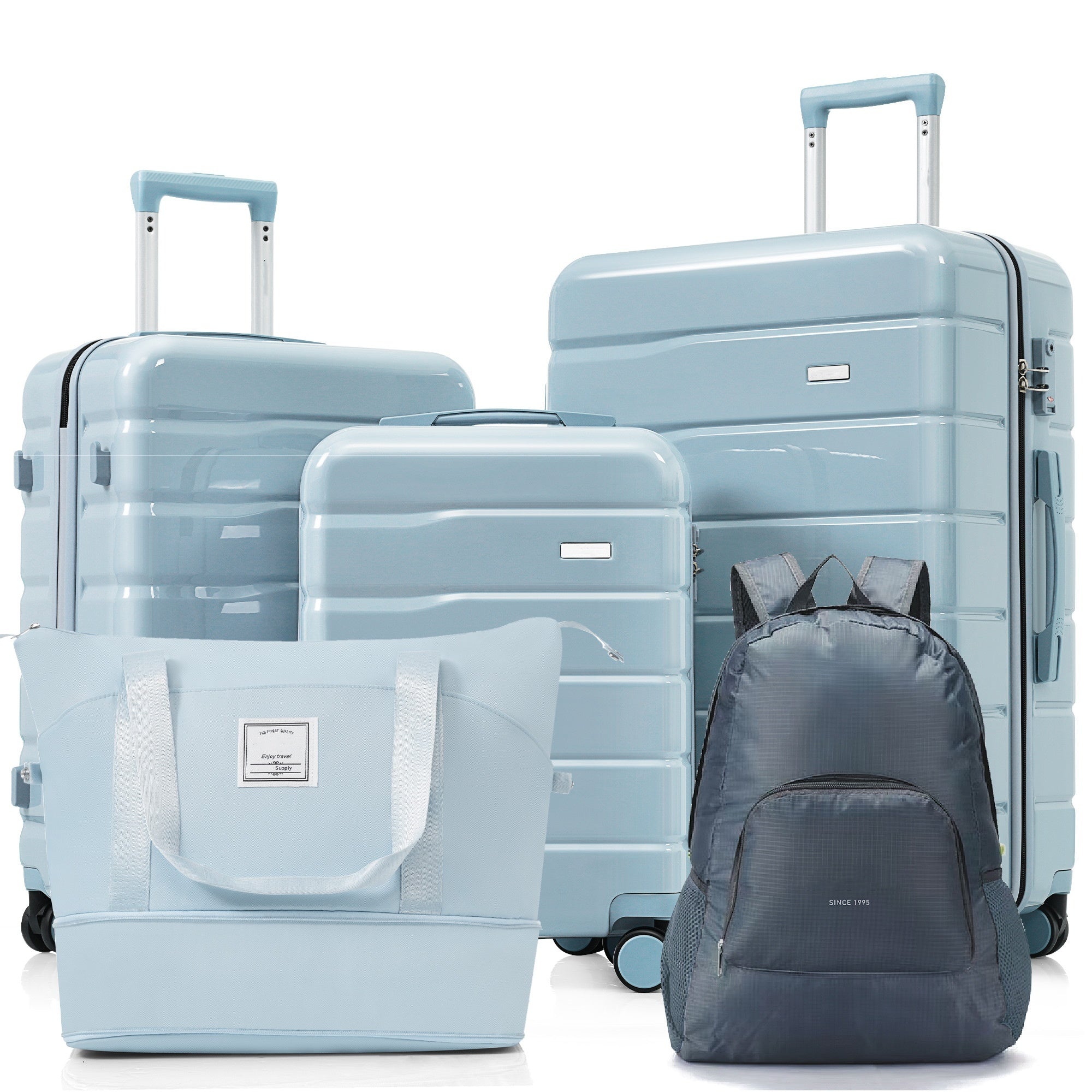 5 Piece Luggage Set With Expandable Duffel Bag & Foldable Backpack 20" 24" 28" Suitcases With 360 Spinner Wheels, Tsa Lock, Grey Blue Grey Blue Abs