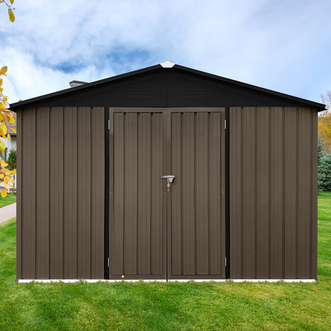 Metal Garden Sheds 10Ftx12Ft Outdoor Brown Black Black Brown Metal