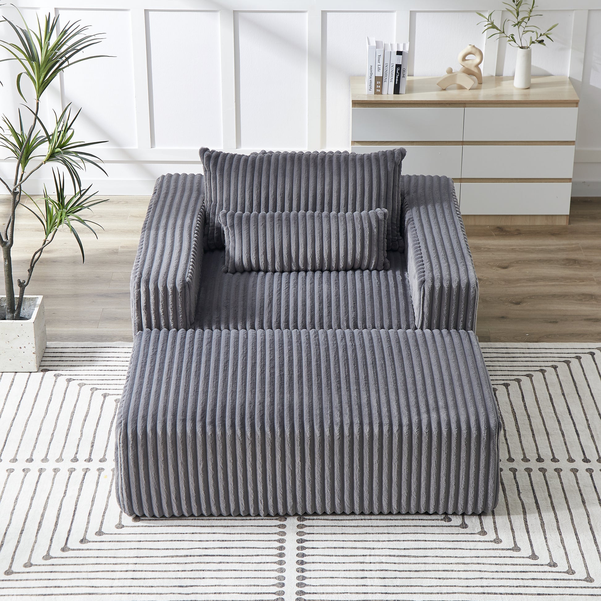 75 Inch Corduroy Sponge Sofa Lounge Chair With Removable Footrest,No Assembly Required,Fluffy Modern Sleeper Chair For Indoor Living Room Bedroom Grey Foam Corduroy 1 Seat